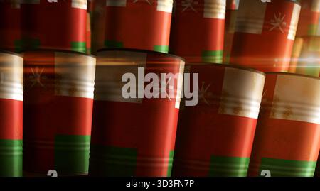 Oman-Öl-Rohölfässer in Row-Konzept. Omanische Benzinindustrie und Industriecontainer zur Kraftstoffgewinnung 3D-Abbildung. Stockfoto