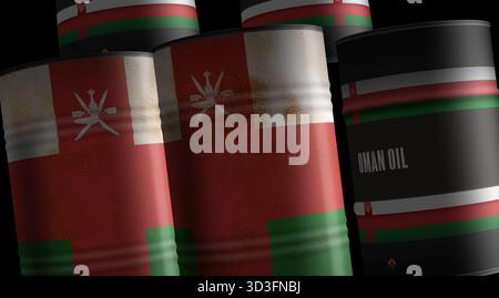 Oman-Öl-Rohölfässer in Row-Konzept. Omanische Benzinindustrie und Industriecontainer zur Kraftstoffgewinnung 3D-Abbildung. Stockfoto