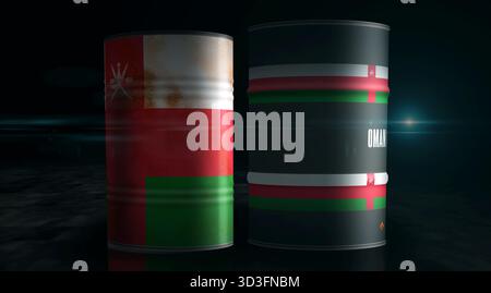 Oman-Öl-Rohölfässer in Row-Konzept. Omanische Benzinindustrie und Industriecontainer zur Kraftstoffgewinnung 3D-Abbildung. Stockfoto