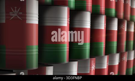 Oman-Öl-Rohölfässer in Row-Konzept. Omanische Benzinindustrie und Industriecontainer zur Kraftstoffgewinnung 3D-Abbildung. Stockfoto