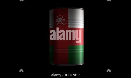 Oman-Öl-Rohölfässer in Row-Konzept. Omanische Benzinindustrie und Industriecontainer zur Kraftstoffgewinnung 3D-Abbildung. Stockfoto