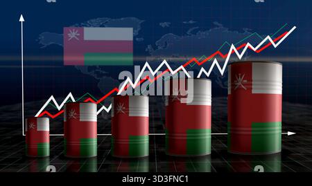 Oman-Öl-Rohölfässer auf Wachstumskarte. Omanischer Benzinhandel und industrielle Metallbehälter für die Kraftstoffgewinnung mit erhöhter Statistik Stockfoto
