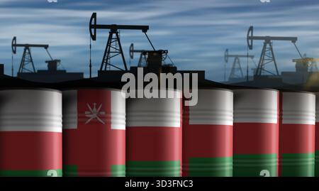 Oman-Öl-Rohölfässer in Row-Konzept. Omanische Benzinindustrie und Industriecontainer zur Kraftstoffgewinnung 3D-Abbildung. Stockfoto