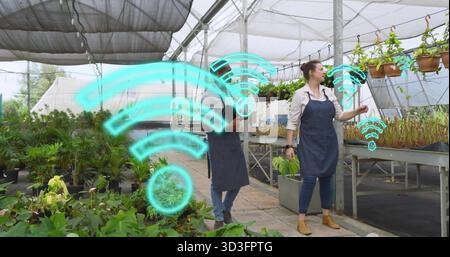 Inspektion von zwei Arbeitern mit Schürzen, Überprüfung von Pflanzen mit einem Tablet im Kinderzimmer mit zyanblauen WLAN-Symbolen Stockfoto