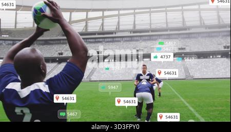 Rugby-Ball halten, Spieler Lineout auf dem Stadionfeld mit sozialen Symbolen werfen, Kopierraum Stockfoto