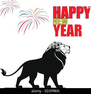Lebendiges Happy New Year 2026-Grußkartendesign mit einer majestätischen Löwensilhouette, die Stärke und Neuanfang symbolisiert. Ideal für Kalender Stock Vektor