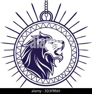 Stilisiertes, brüllendes Löwenkopfprofil. Eingerahmt von einem runden Medaillon mit strahlendem Sonnenschein. Symbolisiert Macht, Mut, Stärke. Ideal für Logos, Kleie Stock Vektor