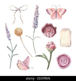 Botanisches Set, Lavendel, Schmetterlinge, Pfingstrosen, Wachssiegel, leeres Etikett, Schnur-Schleife. Handgemalte Aquarellillustration, Elemente isoliert auf weiß für Stockfoto