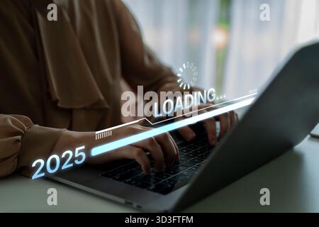 Visualisierung der Verschiebung von 2025 auf 2026. Fortschrittsbalken symbolisiert Fortschritt, strategische Vorausschau, jährliche Zielsetzung und Unternehmenstransformation Stockfoto