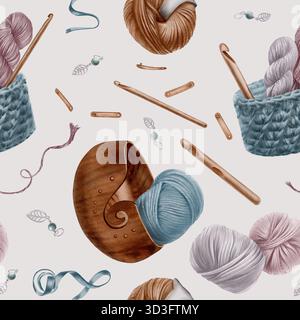 Nahtloses Muster, das dem Hobby des Häkelns gewidmet ist, mit Zubehör wie Haken, gewebtem und hölzernem Korb, Garnkugeln, Maßband, Produktetiketten und Stockfoto