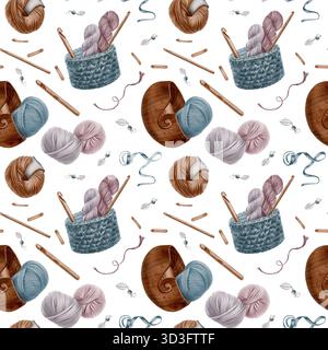 Nahtloses Muster, das dem Hobby des Häkelns gewidmet ist, mit Zubehör wie Haken, gewebtem und hölzernem Korb, Garnkugeln, Maßband, Produktetiketten und Stockfoto