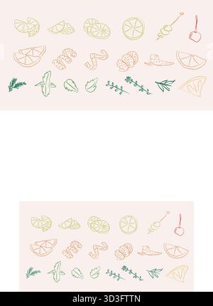 Vintage-Cocktail-Zierelemente im skurrilen Doodle-Stil. Handgezogene Zitrusscheiben, Schale, Kirsche, Oliven, Minze, und Kräuter für das Mixologierezept Stock Vektor