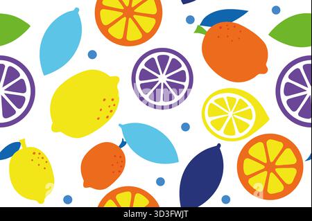 Dieses lebhafte Muster zeigt verschiedene Zitrusfrüchte, darunter Zitronen, Orangen und Limetten, vor einem hellen weißen Hintergrund. Ideal für Design-PR Stockfoto