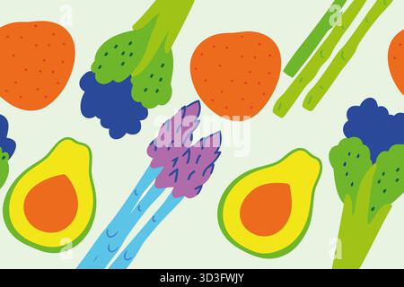 Helle und farbenfrohe Illustration mit einer Vielzahl von frischem Gemüse und Obst. Avocados, Brokkoli, Spargel, Erdbeeren und carro Stockfoto