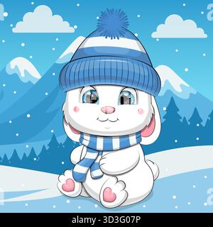 Niedlicher Cartoon Weißer Hase mit blauem Schal im Winter. Vektor-Illustration des Tieres in der Natur auf einem blauen Hintergrund mit Schnee. Stock Vektor