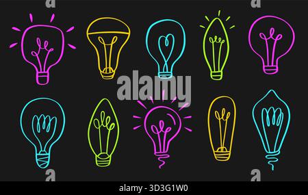 Neonlampe Glühlampe Doodle Icons Set Elektrische Lampe Stock Vektor
