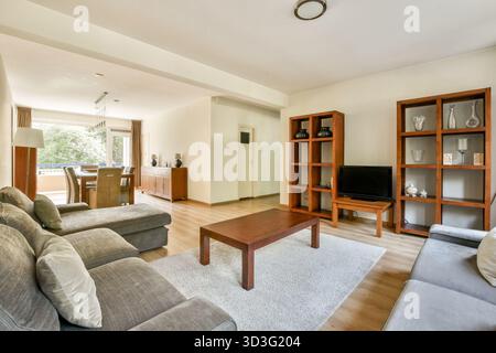 Ein schön gestaltetes, modernes Wohnzimmer mit stilvollen Möbeln, Tageslicht und gemütlicher Atmosphäre, perfekt für Entspannung und Unterhaltung Stockfoto