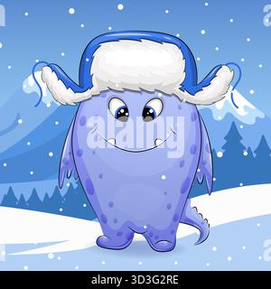 Niedliches Cartoon-Monster mit blauem Hut im Winter. Vektor-Illustration des Tieres in der Natur auf einem blauen Hintergrund mit Schnee. Stock Vektor