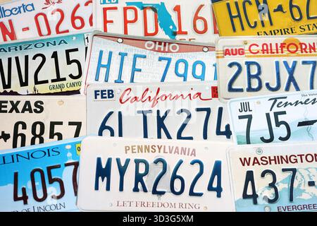 KIEW, UKRAINE - 18. OKTOBER 2025 viele US-Nummernschilder verschiedener staaten sind registriert. Viele US-Nummernschilder Stockfoto