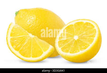 Reife Zitrone mit einer Hälfte und Scheiben isoliert auf weißem Hintergrund. Stockfoto