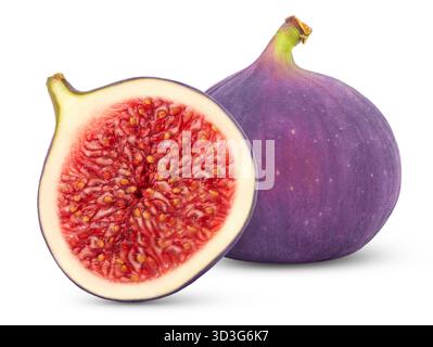 Reife Feigen isoliert. Ganze Feigen und die Hälfte der Feigen isoliert. Stockfoto