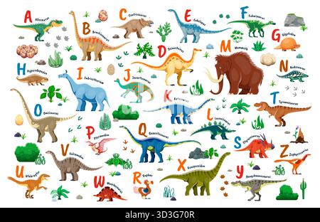 Kinder-Dinosaurier-Alphabet von A bis Z mit prähistorischen Tierarten und passenden Großbuchstaben. Vektor-abc für Bildung und frühkindliches Lernen mit dem Zeichentrickfilm jurassische Reptilientiere Stock Vektor