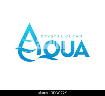 Mineralwassersymbol für kristallklares Getränk oder Getränkeprodukt, Vektor-Emblem. Aqua-Symbol aus blauem Tropfen mit kreativen Buchstaben für Mineralwasser- oder Sprudelwasserflasche und Firmenzeichen Stock Vektor