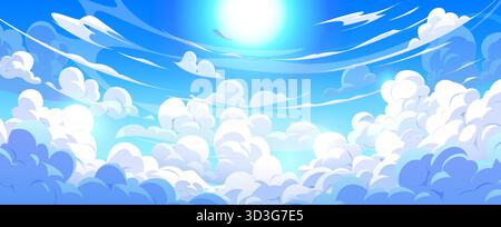 Comic Anime Manga Himmel Wolken Hintergrund mit mehrschichtigen Cumulus Wolken und glühendem Sonnenlicht, schwungvollen geschwungenen Streifen, strahlender Sonne, breiter Bildschirm Komposition. Vektor Heller Himmel, traumhafte Wolkenlandschaft Blick Stock Vektor