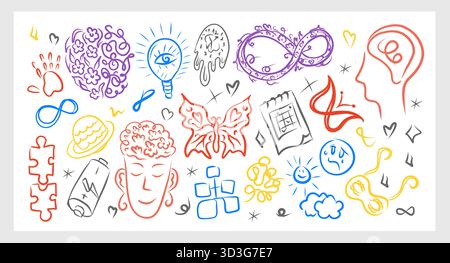 Neurodivergence Sammlung Bunte Vektor-Illustration mit ADHD Autismus Symbole und geistige Gesundheit Symbole perfekt für Aufkleber Poster Druckkarten Stock Vektor