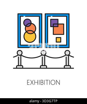 Museum und Kunstgalerie und Gemälde Ausstellung Farblinie Icon Meisterwerke, Vektorpiktogramm. Museumskünstlerbilder und Kunstgalerie mit antiken Gemälden oder Meisterwerken antiker Kunstwerke Stock Vektor