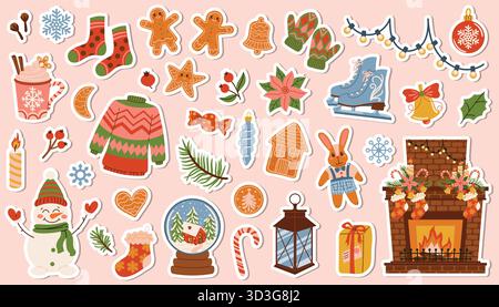 Weihnachtssticker Set mit gemütlichen Elementen wie Tannenzweig, Spielzeug, Kakao, Zuckerrohr, Lebkuchen, Schneemann, Schlittschuh, Schneekugel und Kamin. Warm festlich Stock Vektor