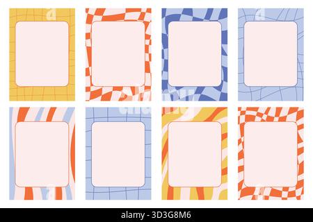 Set aus groovigen karierten und gestreiften Texturen mit Rahmen, Notizblättern im Retro-Stil. Perfekt für Vintage-Design, Scrapbooking, Karten, Poster und cr Stock Vektor