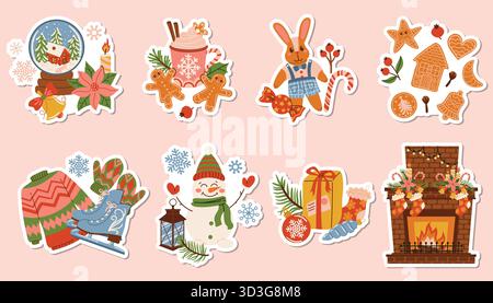 Niedliches Weihnachtssticker Set aus Hygge Kompositionen mit Tannenzweig, Kakao, Zuckerrohr, Lebkuchen, Schneemann, Schlittschuh, Schneekugel und Kamin. Gemütliches holi Stock Vektor
