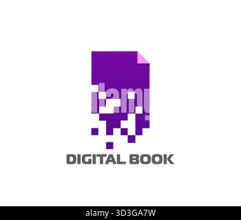 Symbol für digitales Buch für Online-Bibliothek oder elektronische Buch- und E-Reader-Anwendung, Vektoremblem. Digitales Buchsymbol mit Papierbogen in Pixeln für das Lesen von Online-Bibliotheken oder die App für Online-Buchhandlungen Stock Vektor