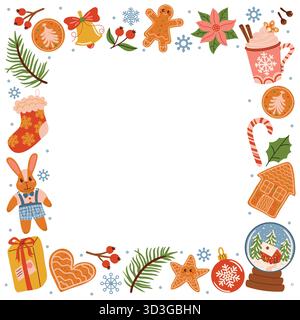 Ein quadratischer Weihnachtsrahmen mit festlichen Comic-Elementen wie Tannenzweig, Glocke, Zuckerrohr, Geschenkbox, Plüschhase, Lebkuchenkeks, Schneeflocken, Schnee Stock Vektor