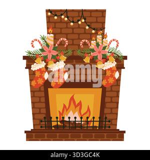 Ein süßer Weihnachtskamin mit brennendem Feuer und Dekor mit Strümpfen, Kränzen von Weihnachtsbaumzweigen mit Glocken, Zuckerstangen, Weihnachtsstern Blume Stock Vektor