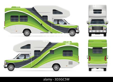 Wohnmobil Wohnwagen Wrap Vector Mockup von Seite, Vorderseite, Rückansicht dargestellt. Perfekt für Fahrzeugmarken und Corporate Identity. Stock Vektor