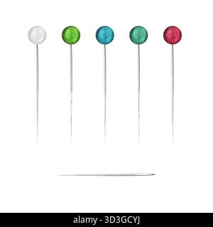 Ein Bündel Nähnadeln mit bunten blauen, roten, grünen und weißen Perlen und einer Nähnadel. Clipart anpassen. Handgezeichnete Illustrationen zum Nähen, KN Stockfoto