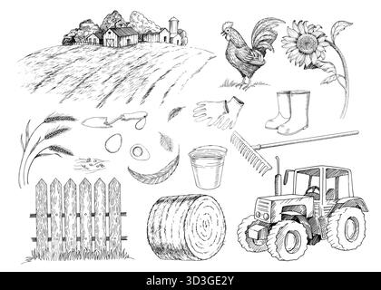 Eine Reihe von Illustrationen zu ländlichen Bauernhöfen. Vektortinte Objekte, Weizen, Samen, Hahn, Eier, Federn, Sonnenblumen, Landschaft, Zaun, Heuhaufen, Traktor, Schaufel Stock Vektor