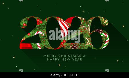 Frohe Weihnachten und Happy New Year 2026 Karten Design Vorlage mit Weihnachtsbaum Hintergrund und 2026 Zahl auf grünem Hintergrund, Feiertage Gruß Auto Stock Vektor