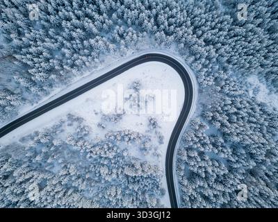 Eine kurvenreiche Straße durchquert einen dichten Wald, der mit Schnee bedeckt ist. Die Szene fängt die heitere Schönheit des Winters in einer abgelegenen Gegend ein, in der Bäume stark von Frost bedeckt sind. Stockfoto