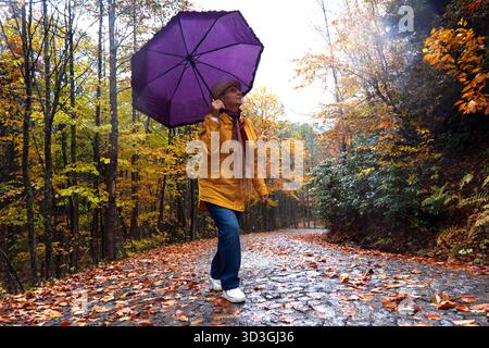 Low Angle Porträt einer Frau mit lila Regenschirm auf der Herbststraße Einer fröhlichen älteren Frau in einer gelben Jacke, die ein großes lila hält Stockfoto