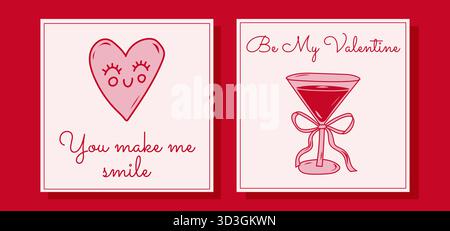 Minimales rosafarbenes Valentinskarten-Set mit Liebe und Getränk-Illustration Stock Vektor