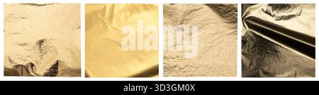 Goldener, glänzender Texturhintergrund. Zerknitterte Metallic-Folie mit leuchtendem Glanz, glänzender Reflexion, Glitzereffekt und elegantem Verlauf für luxuriöse Farben Stockfoto