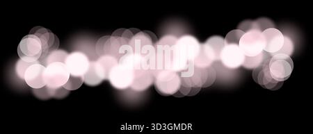 Licht leuchtet im nächtlichen Hintergrund. Verschwommenes kreisförmiges Bokeh mit glänzender rosafarbener Beleuchtung, durchscheinenden, leuchtenden Kreisen und festlicher Dekoration. Stockfoto