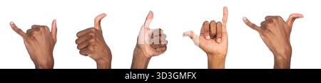 Shaka-Handgeste. Dunkelhäutiger Männchen mit Daumen und winzigem Finger im coolen Surferzeichen, entspannte Pose symbolisiert freundliche Atmosphäre und Freiheit. Isoliert Stockfoto