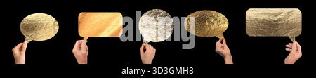 Sprachblase in der Hand Konzept. Männlich und weiblich halten eine goldene strukturierte Callout für Dialog, Wunsch oder festliche Botschaft, die Kommunikation symbolisiert, holi Stockfoto