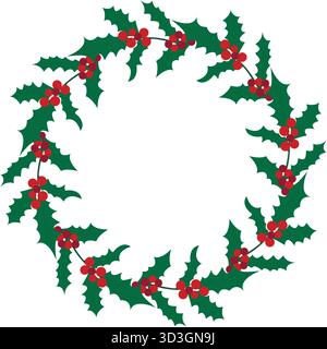 Weihnachtskranz aus stechpalmenblättern und Beeren mit Kopierraum. Runder natürlicher Rahmen für festliches Silvesterdesign. Kreisförmiger Blattrand, Stock Vektor