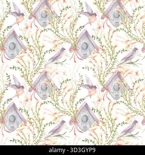 Aquarell Wiesenblumen und Schwalben nahtlose Muster in Pastellfarben isoliert. Vogelhaus und Blumen sanfter, endloser Hintergrund. Handbemalt Stockfoto