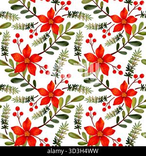 Nahtloses Muster mit Weihnachtsblumen und Winterbeeren. Aquarellhandgezeichnetes botanisches Ornament. Stockfoto